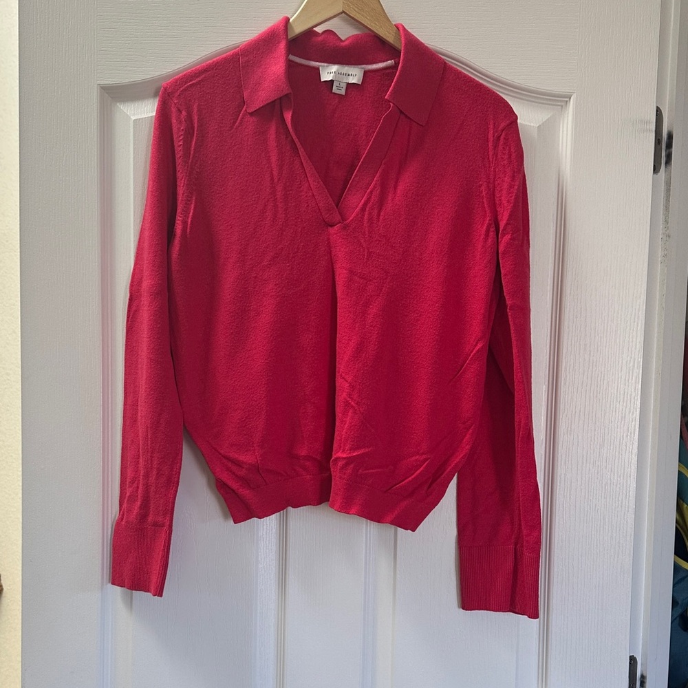 Free Assembly Hot Pink V-Neck Collared Sweater